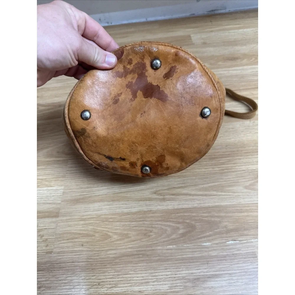 Vintage Tan Leather Bucket Cinch top Tote Bag